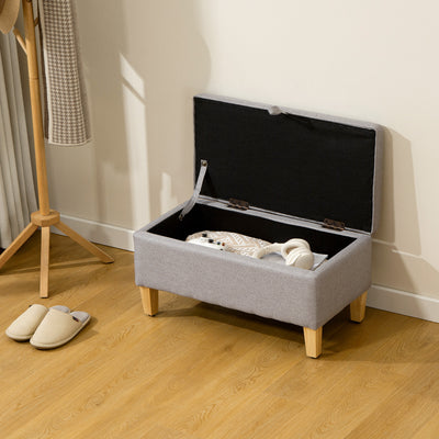 HOMCOM 30L Linen Storage Ottoman Padded Footstool with Rubberwood Legs for Storage Box, Bed End, Shoe Bench, Seating, Light Grey 
