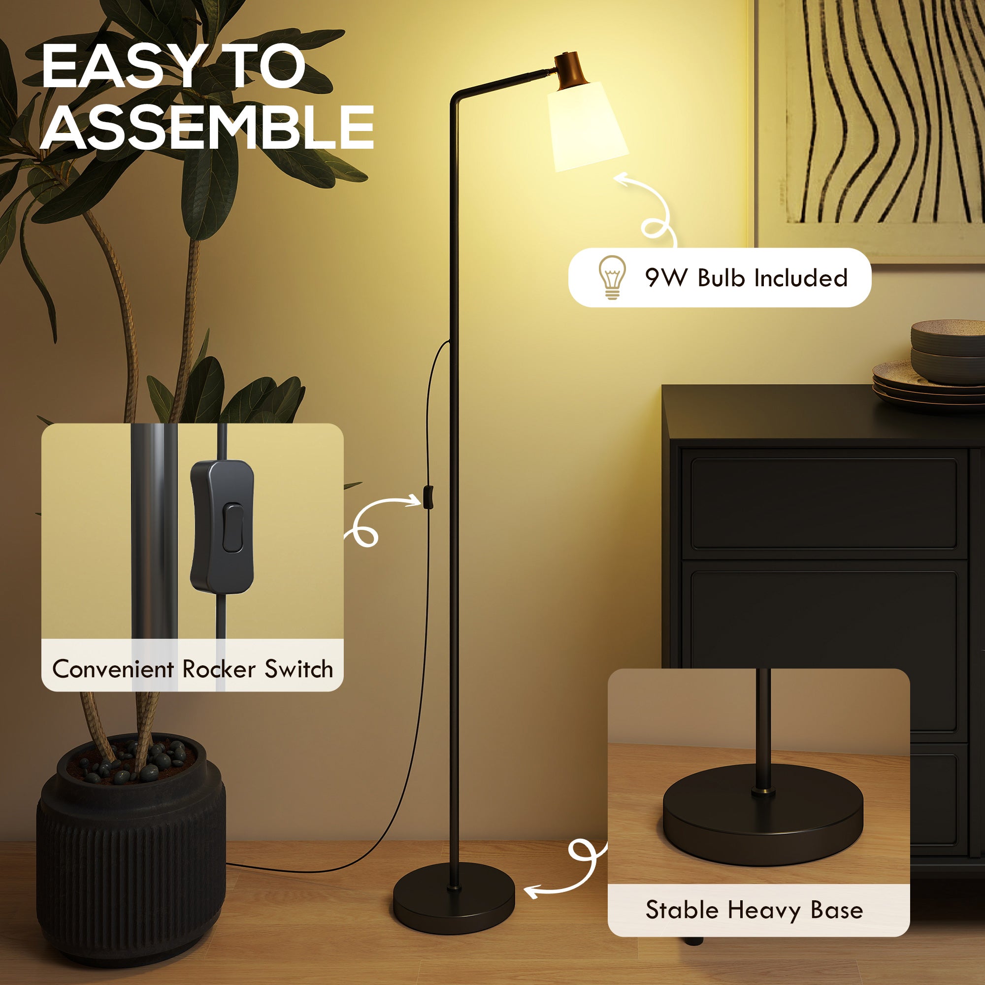 HOMCOM Floor Lamp with 350° Rotatable Head, Modern Standing Lamp with 3000K/4000K/6500K Colour Temperatures for Living Room Bedroom Office, Black 