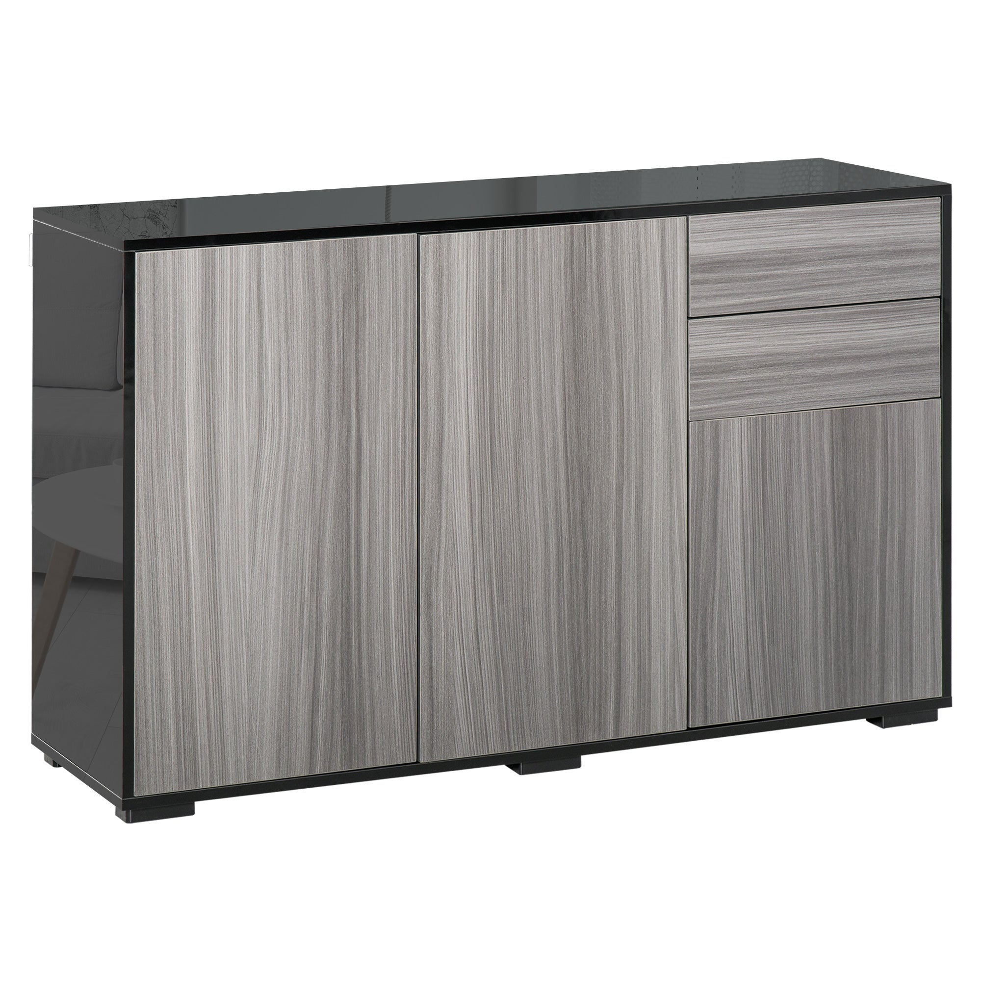 HOMCOM High Gloss Side Cabinet, Push-Open Design with 2 Drawers and 2 Cabinets for Living Room, 74H x 117W x 36Dcm, Light Grey and Black 