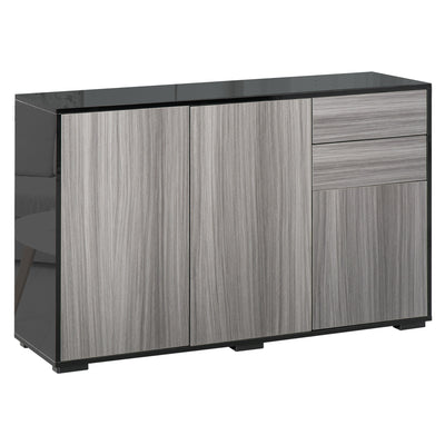 HOMCOM High Gloss Side Cabinet, Push-Open Design with 2 Drawers and 2 Cabinets for Living Room, 74H x 117W x 36Dcm, Light Grey and Black 