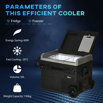 Outsunny 50L Car Refrigerator, Portable Compressor Cooler Box, Fridge Freezer w/ Inner LED Light, Foldable Handles, Cup Holders, 12/24V DC and 110-240V AC for Campervan RV Boat Travel Down to -20\'e2\'84\'83 