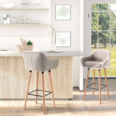 HOMCOM Set of 2 Bar Stools Modern Upholstered Seat Bar Chairs w/ Metal Frame, Solid Wood Legs Living Room Dining Room Fabric Furniture - Beige 
