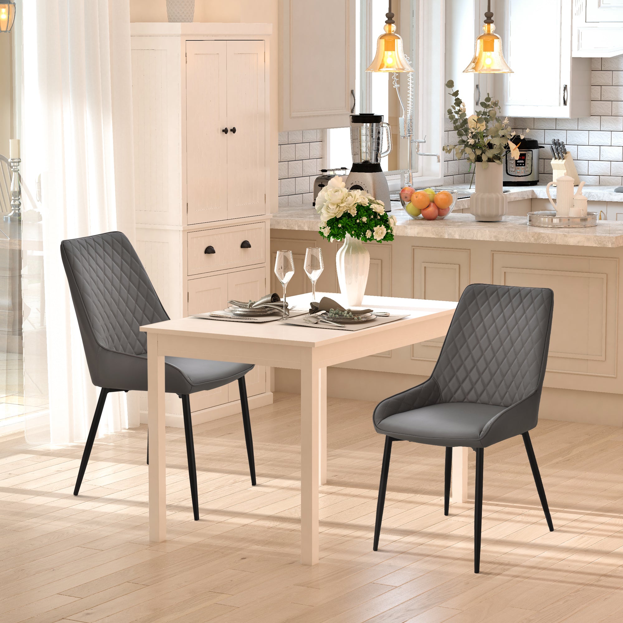 HOMCOM Set Of 2 Quilted PU Leather Dining Chairs with Metal Frame 4 Legs Foot Caps Home Seating Modern Stylish Executive Grey 
