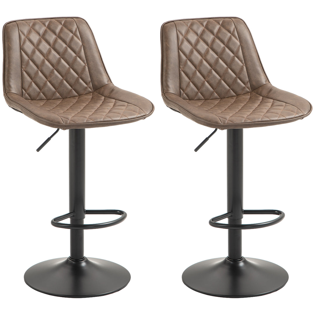 HOMCOM Bar Stools Set of 2, Retro Adjustable Kitchen Stool, Swivel PU Leather Upholstered Bar Chairs with Back, Footrest and Steel Base, Brown 