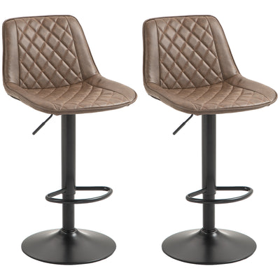 HOMCOM Bar Stools Set of 2, Retro Adjustable Kitchen Stool, Swivel PU Leather Upholstered Bar Chairs with Back, Footrest and Steel Base, Brown 
