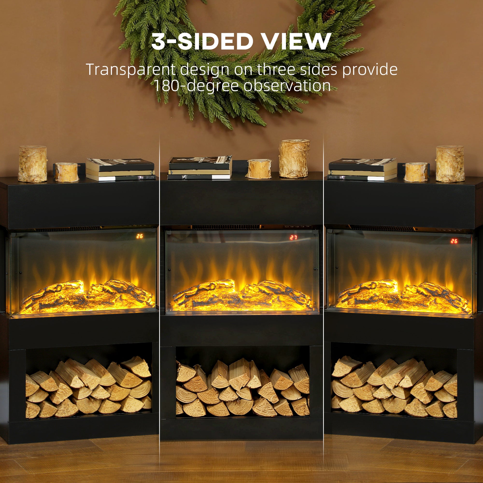 HOMCOM 19" Electric Fireplace with Surround, 3D Flame Effect, 6 Colours & 3 Brightness Levels, 1000W/2000W Black Electric Fire and Mantel Reach up to 30㎡ Space with Remote & Timer, 3 Sided View 