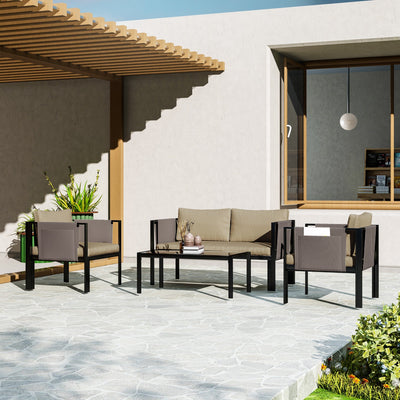 Outsunny 4 Piece Metal Garden Furniture Set with Tempered Glass Coffee Table, Texteline Pocket, Outdoor Set Loveseat Single Armchairs with Padded Cushions, Khaki 
