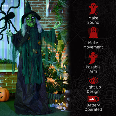 HOMCOM 6ft Halloween Witch Decoration, Outdoor Activated Prop with Light Up Eyes Magical Heart, Sound Activated 