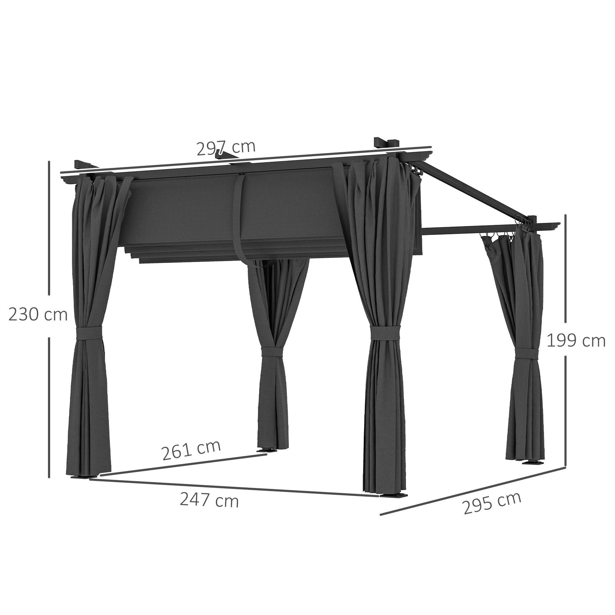 Outsunny 3 x 3 m Retractable Roof Pergola, with Curtains - Dark Grey 