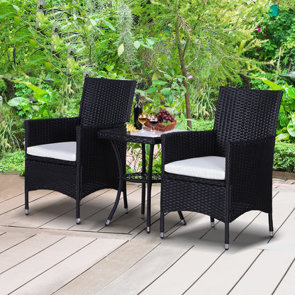 Outsunny 3 Pieces Rattan Bistro Set, Wicker Garden Furniture Set with 2-Tier Coffee Table and Chairs, Cushions, for Outdoor Patio Balcony, Black 
