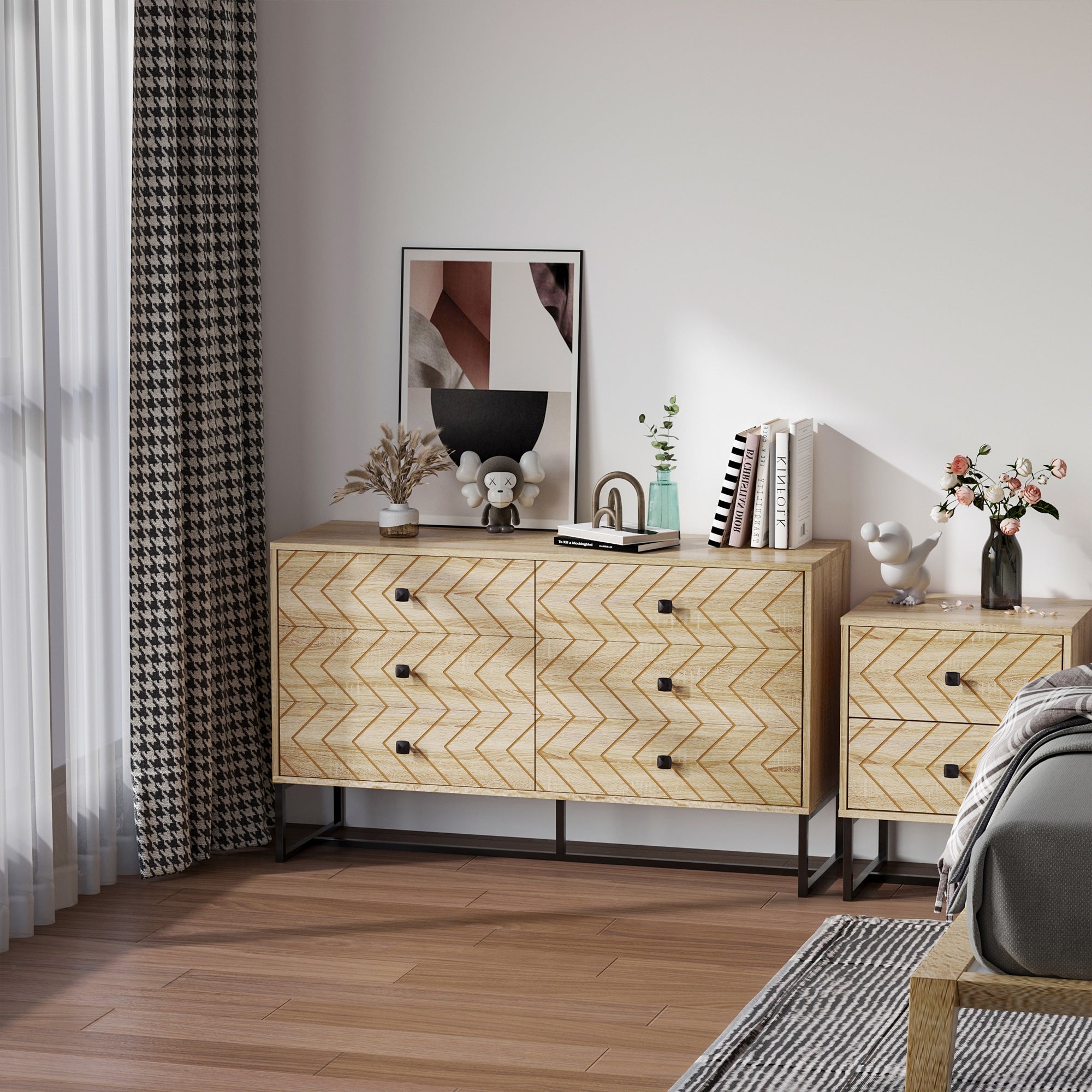 HOMCOM Bedroom Chest of Drawers, 6 Drawer Dresser, Sideboard Cabinet with Zigzag Design and Metal Base, Storage Drawer Unit, 120x71cm, Natural 