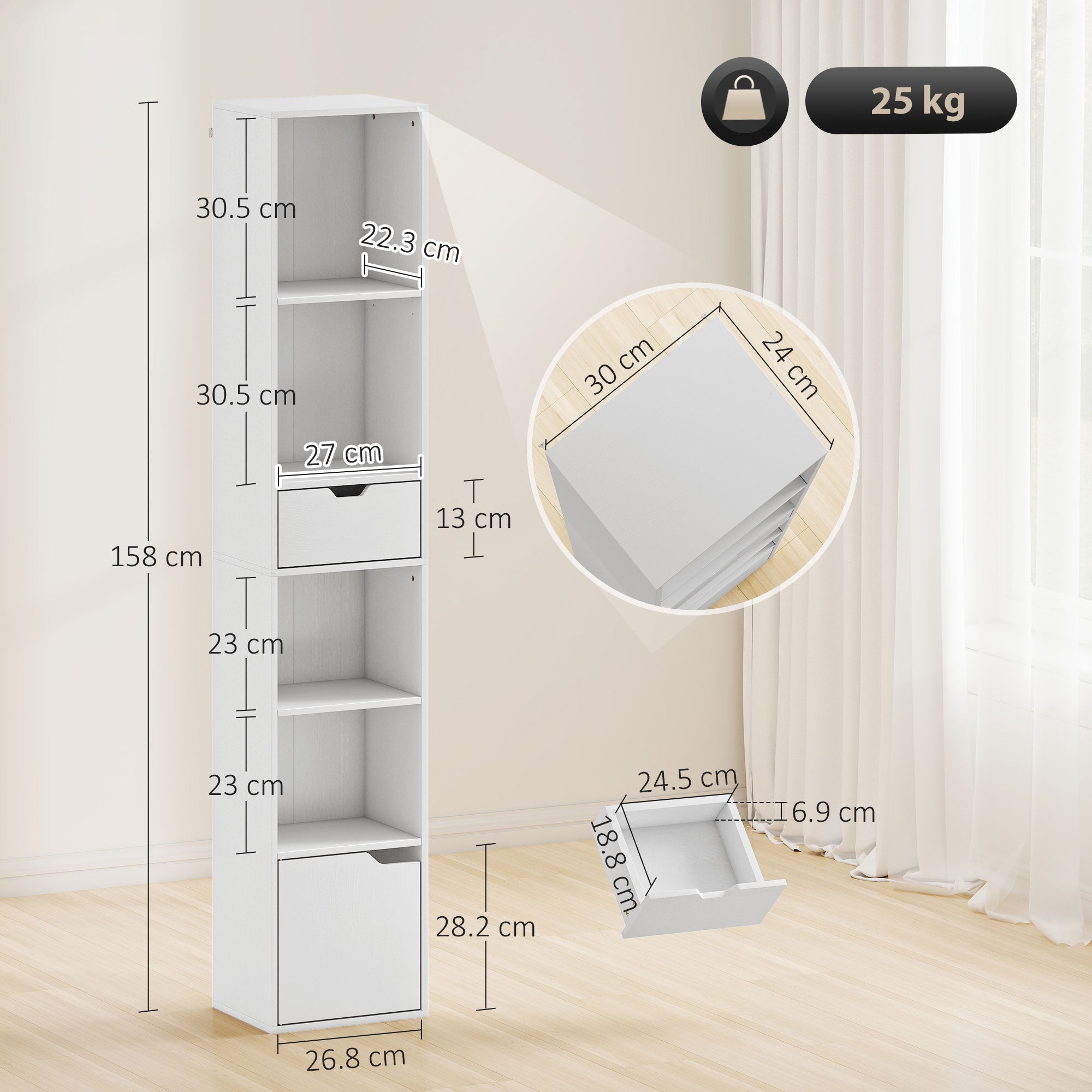 HOMCOM 6-Tier Bookcase, Tall Narrow Bookshelf with Drawer and Door - White 