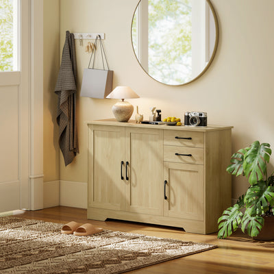 HOMCOM Sideboard with 2 Drawers Modern Storage Cabinet, Kitchen Cupboard with Adjustable Shelf and 3 Doors Natural 