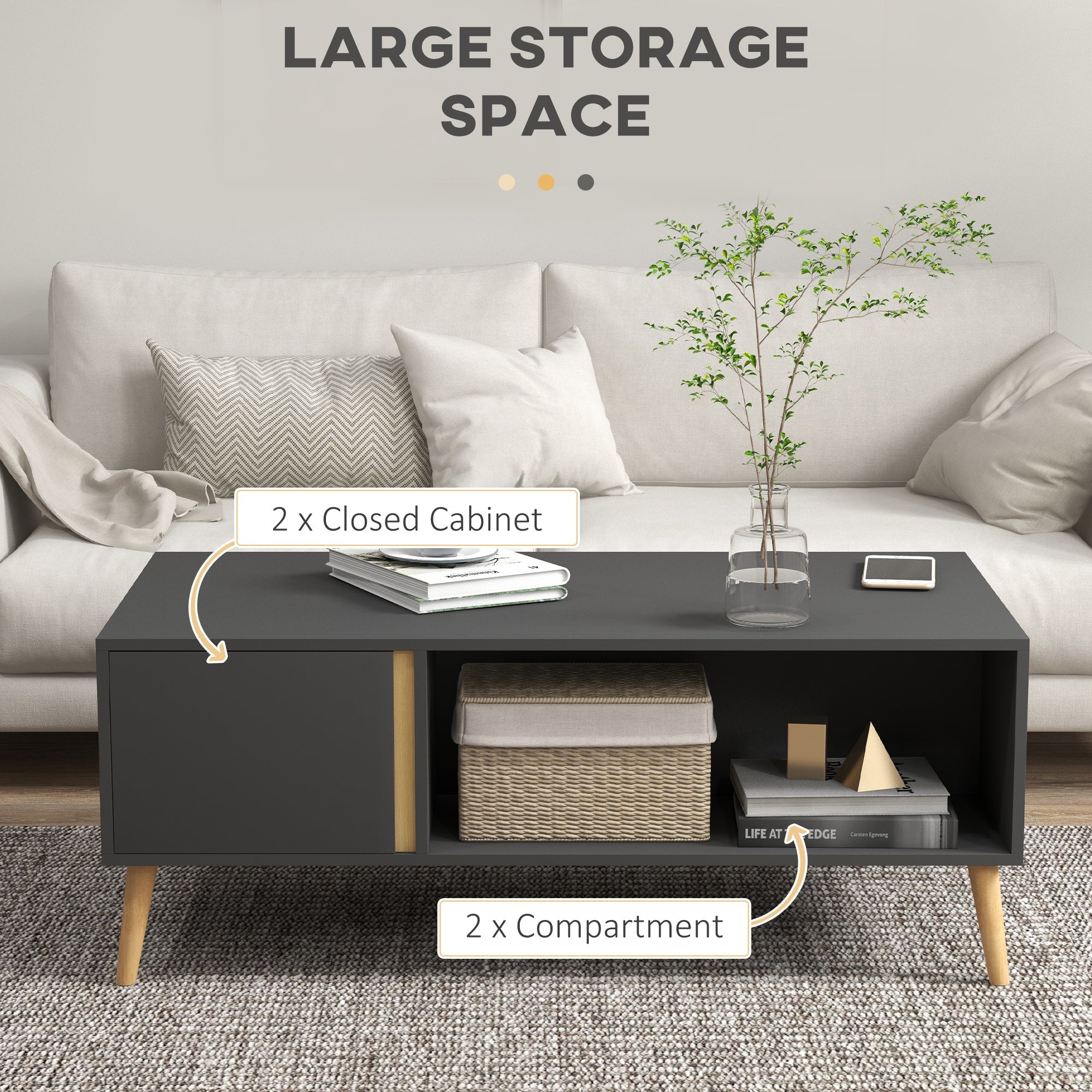 HOMCOM Coffee Table for Living Room, Modern Centre Table with Storage Compartments and Cabinets, Rectangular Side Table, 115x 58x 45cm, Grey 