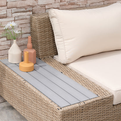 Outsunny 4 Pieces Rattan Garden Furniture Set, Garden Corner Sofa with Side Trays, Wicker Conservatory Furniture Set with Loveseats, Slatted Plastic Top Coffee Table and Cushions, Beige 