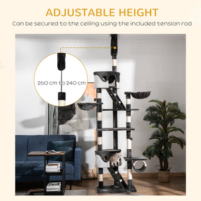 PawHut Floor-to-Ceiling Cat Tree for Indoor Cats, 240-260cm Adjustable Cat Tree - White 