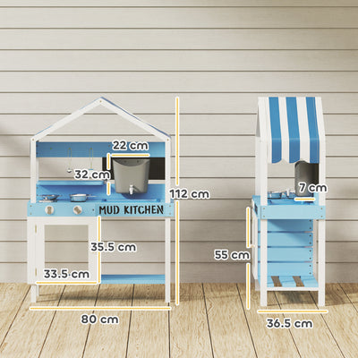 AIYAPLAY Kids Mud Kitchen Outdoor with Stoves, Sink, Faucet, Storage Shelves, Cookware Accessories for Boys Girls, Blue 