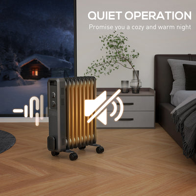 HOMCOM 2000W Oil Filled Radiator, 9 Fin, Portable Electric Heater with 3 Heat Settings, Safety Cut-Off and Wheels, Grey 