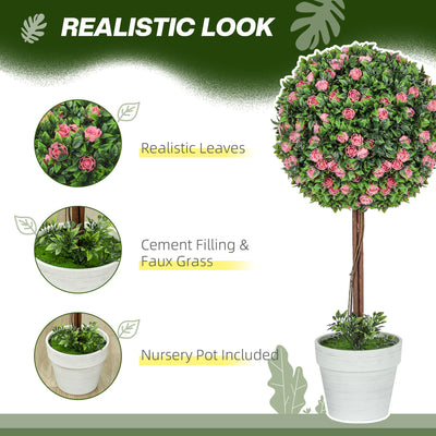 HOMCOM Set of 2 Decorative Artificial Plants, Ball Topiary Tree with Rose Flower in Pot, Fake Plants for Home Indoor Outdoor Decor, 60cm, Pink 