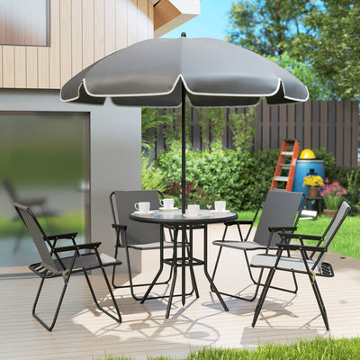 Outsunny 4 Seater Garden Furniture Set, 6 Pieces Garden Table and Chairs with Parasol, Outdoor Garden Dining Set with Folding Chairs and Round Glass Top Table for Patio, Grey 