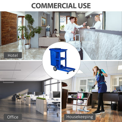 HOMCOM Janitor Cleaning Trolley, with Bin, Shelves and Hooks - Blue 