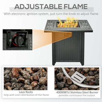 Outsunny Square Propane Gas Fire Pit Table, 40000 BTU Rattan Smokeless Firepit Patio Heater with Protective Cover, Lava Rocks and Lid, 71cm x 71cm x 62cm, Black 