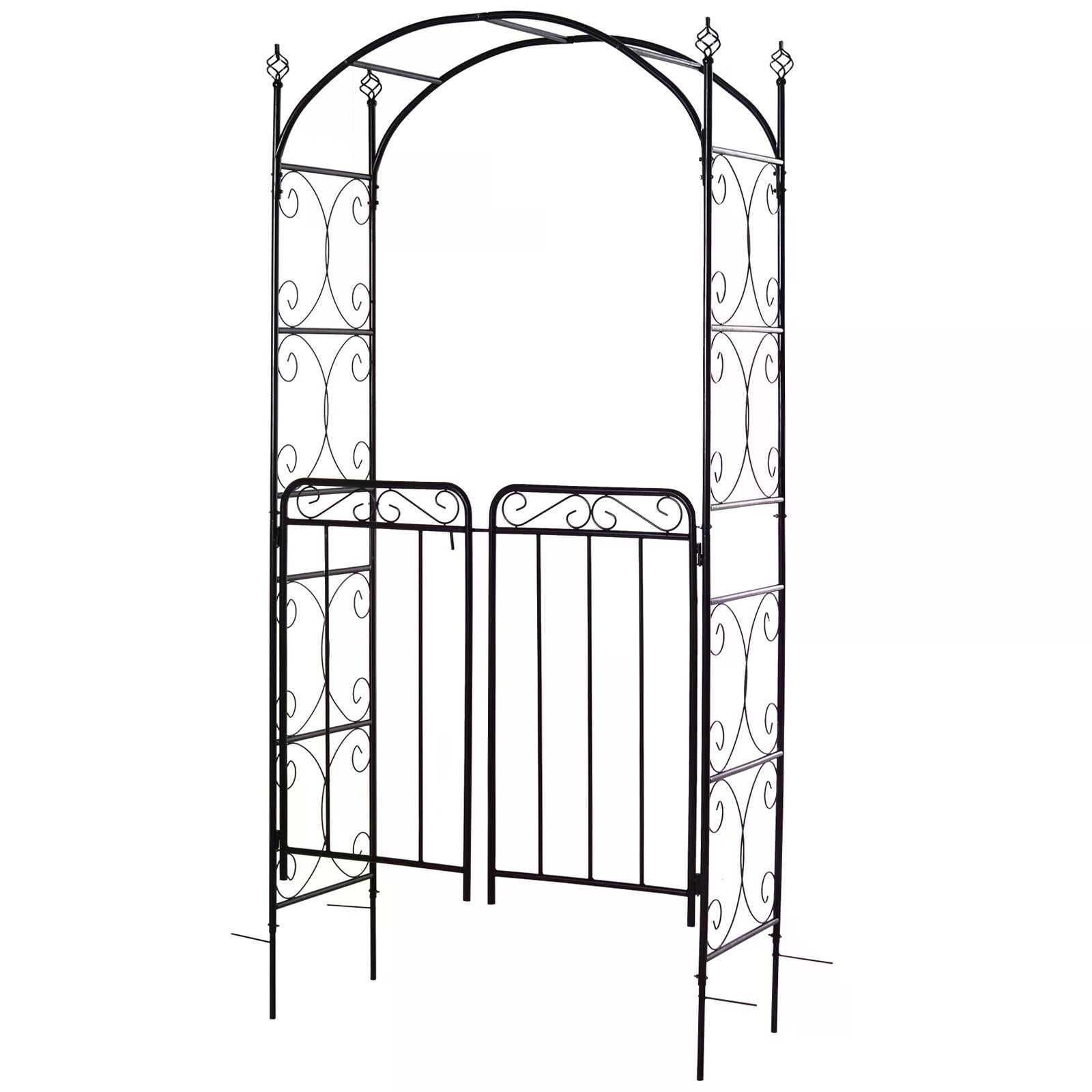 Outsunny Garden Decorative Metal Arch with Gate Outdoor Patio Trellis Arbor for Climbing Plant Archway Antique Black - 108L x 45W x 215Hcm 