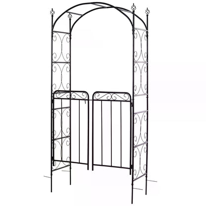 Outsunny Garden Decorative Metal Arch with Gate Outdoor Patio Trellis Arbor for Climbing Plant Archway Antique Black - 108L x 45W x 215Hcm 