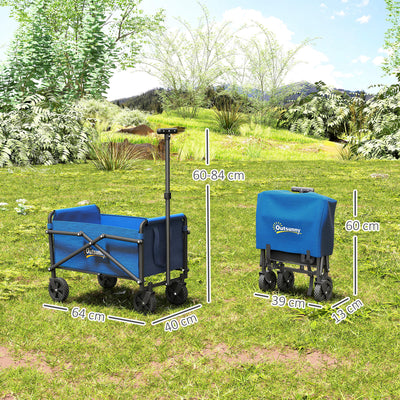 Outsunny 41L Festival Trolley on Wheels, Small Garden Folding Trolley Cart, 60kg Heavy Duty Collapsible Folding Wagon with Adjustable Handle and Carrying Bag for Beach, Camping, Festival, Blue 