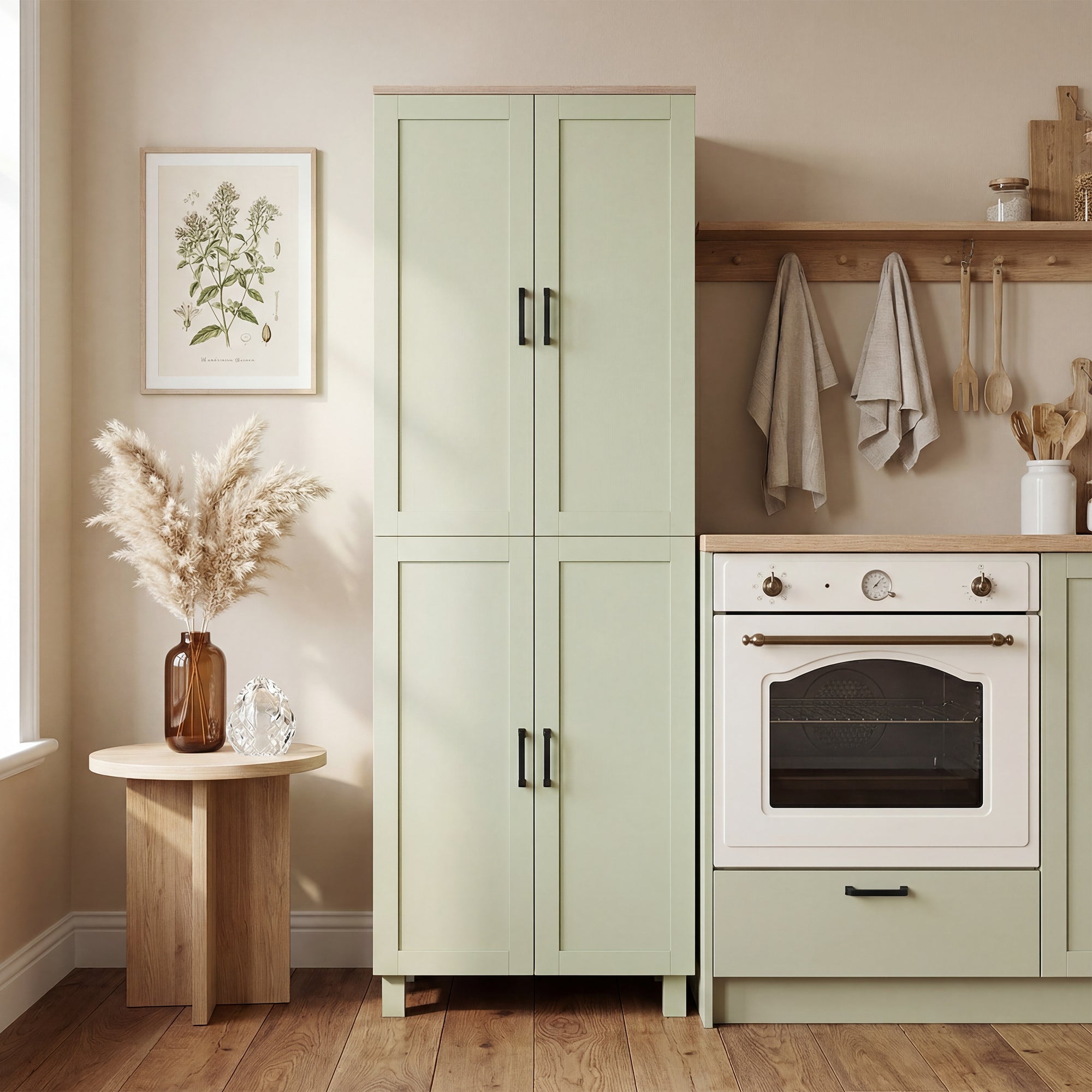 HOMCOM Freestanding Kitchen Cupboard, 4-Door Storage Cabinet with Adjustable Shelves, Modern Kitchen Pantry, 170cm, Green 