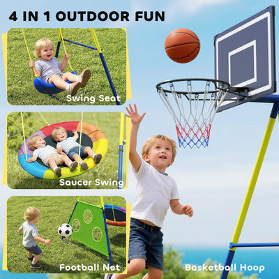 AIYAPLAY 4-in-1 Kids Swing Set with Saucer Swing, Basketball Hoop and Football Goal, Outdoor Playground Playset for Garden 
