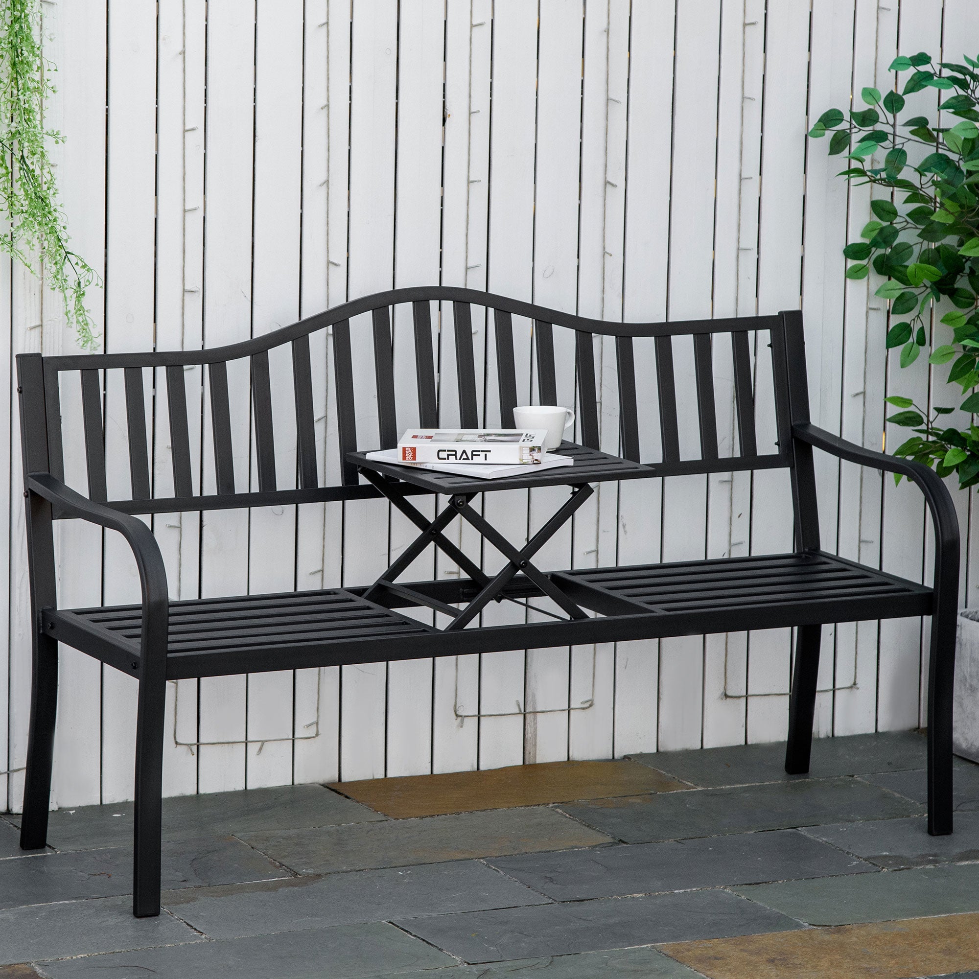 Outsunny Metal Outdoor Bench with Liftable Middle Table, Patio Loveseat, Garden Bench for Garden, Porch, Seats 2–3 People, Black 