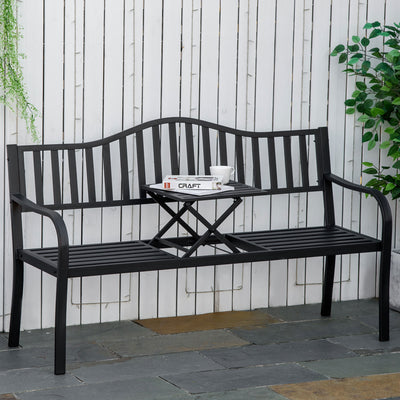 Outsunny Metal Outdoor Bench with Liftable Middle Table, Patio Loveseat, Garden Bench for Garden, Porch, Seats 2–3 People, Black 