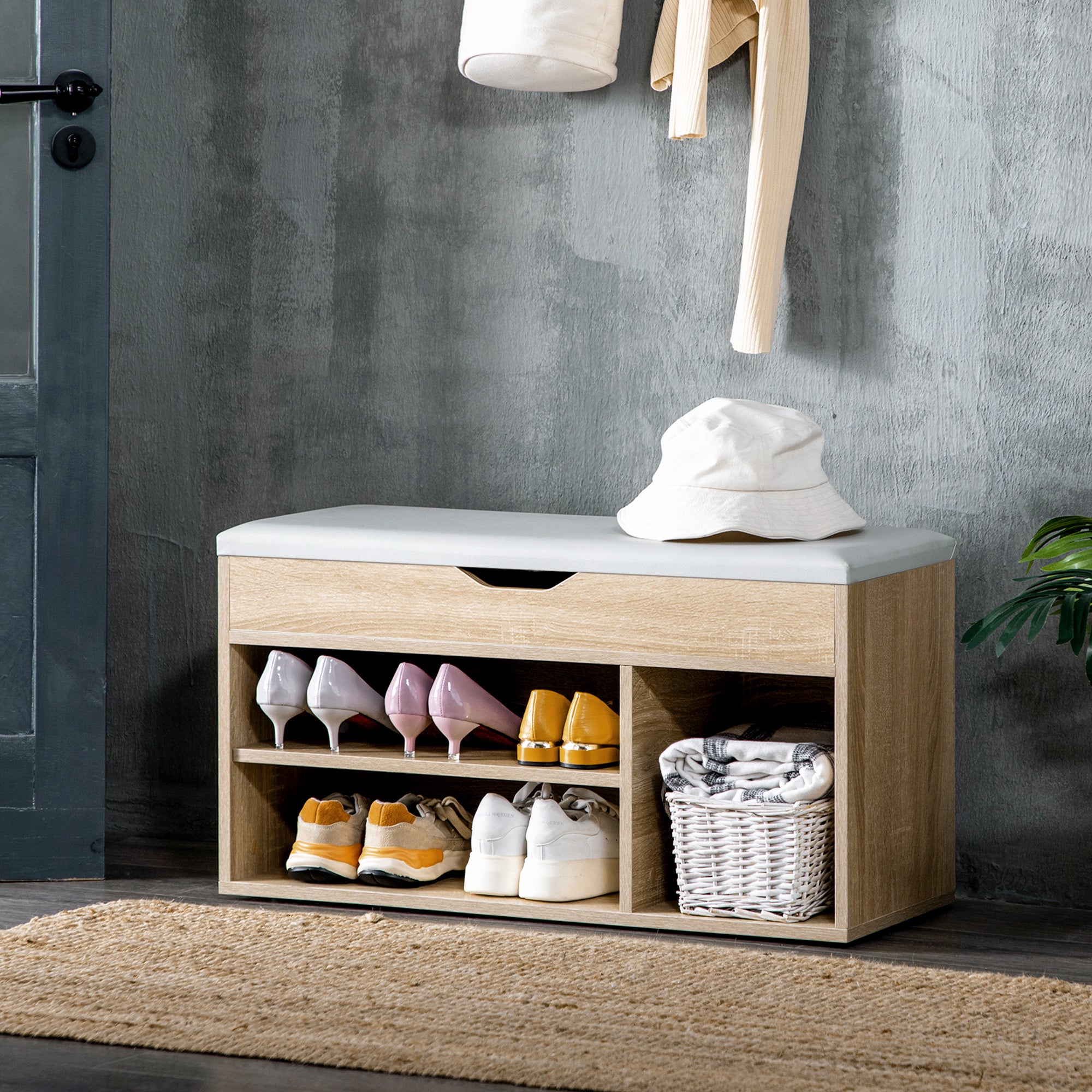 HOMCOM Shoes Cabinet Bench Hidden Storage Padded Seat Organiser Footwear Rack Hallway Oak Tone 