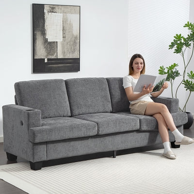 HOMCOM 3 Seater Sofa with USB Ports & Cup Holders - Grey 