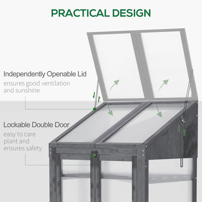 Outsunny Wooden Cold Frame Polycarbonate Greenhouse with Openable Top Cover and Double Door, Grow House for Flower, Vegetable and Plants, 70 x 50 x 120cm, Grey 
