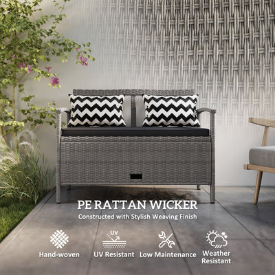 Outsunny 160L Storage Two-Seater Rattan Bench - Grey 