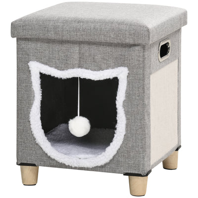 PawHut 2 in 1 Cat Bed Ottoman, Comfortable Cat Sleeping Cave House w/ Removable Cushion, Scratching Pad, Handles, Anti-Slip Foot Pad, Toy Ball, Entrance - Grey 
