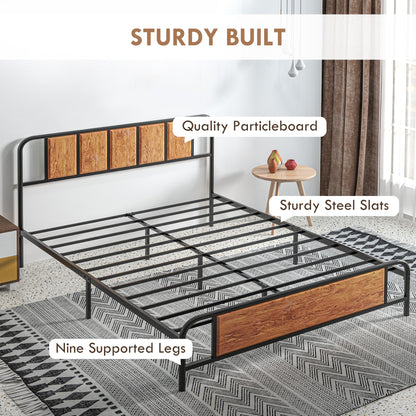 HOMCOM 5.2ft King Bed Frame with Industrial Wood Headboard, Steel Slat Support and 31cm Underbed Storage Space, 160 x 207cm, Rustic Brown 
