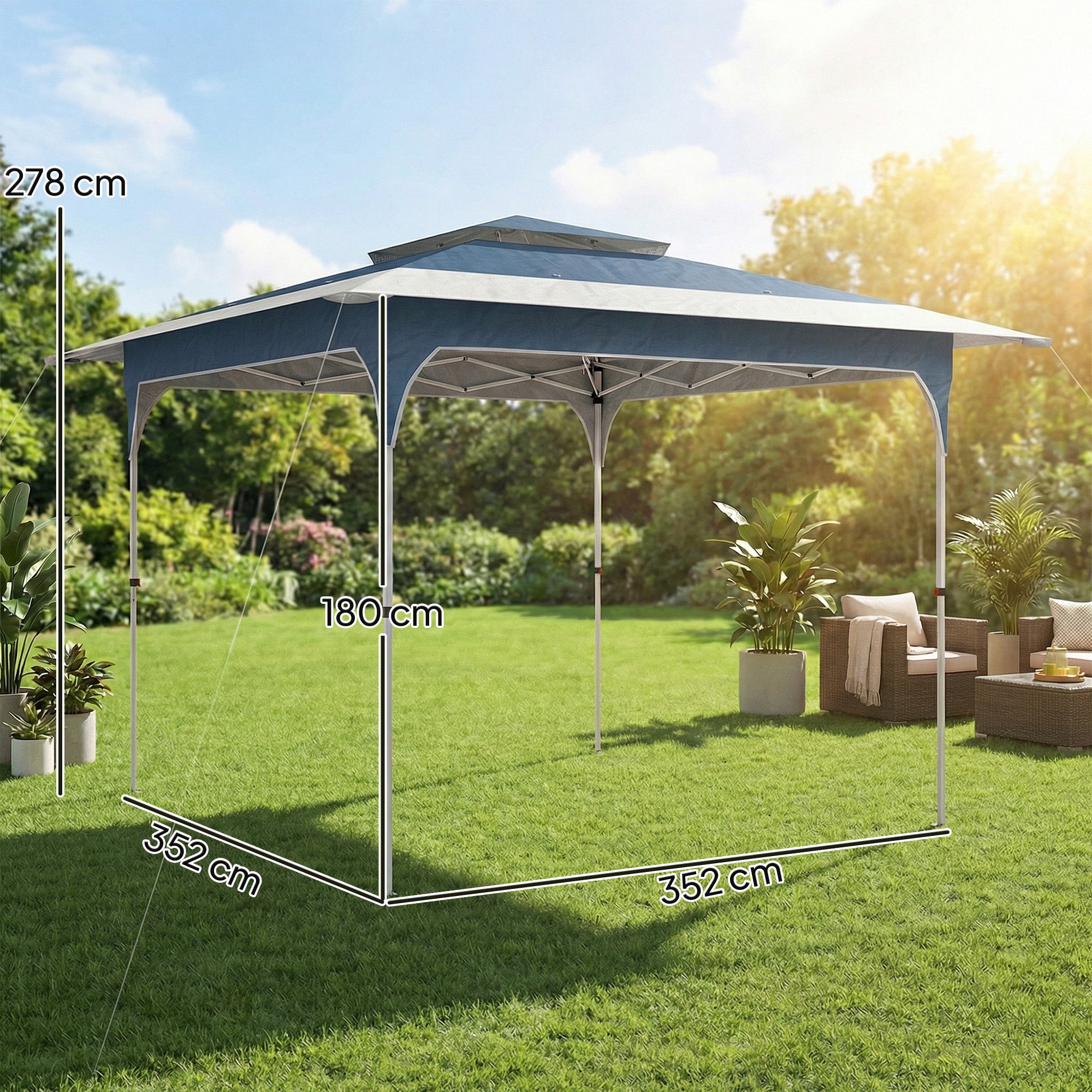 Outsunny 3.5 x 3.5 m Pop Up Gazebo with One-Push Setup, UPF50+ Double Tier Garden Party Tent Marquee with Carry Bag, Blue 
