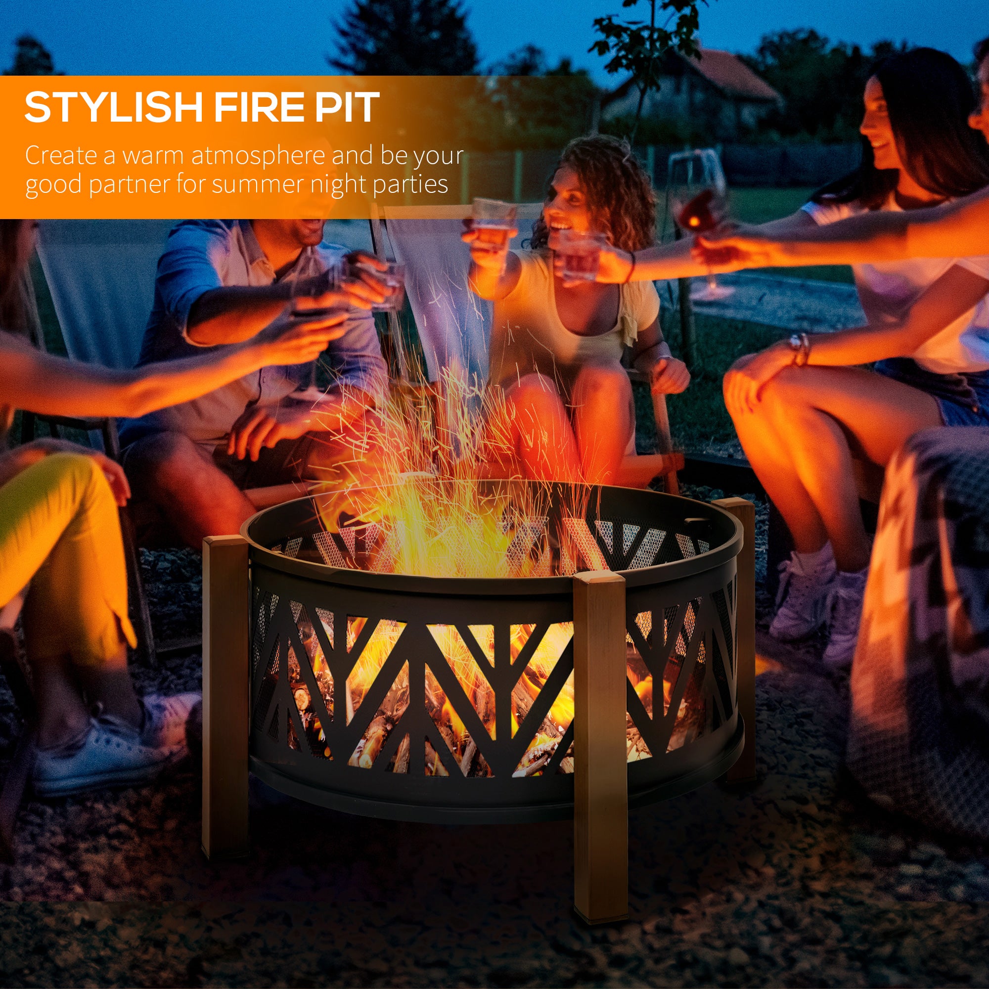 Outsunny Metal Large Firepit Bowl Outdoor 2-In-1 Round Fire Pit Brazier w/ Lid,  BBQ Grill, Poker for Backyard, Camping, Bonfire, Wood Burning Stove, 78 x 78 x 60cm, Black 
