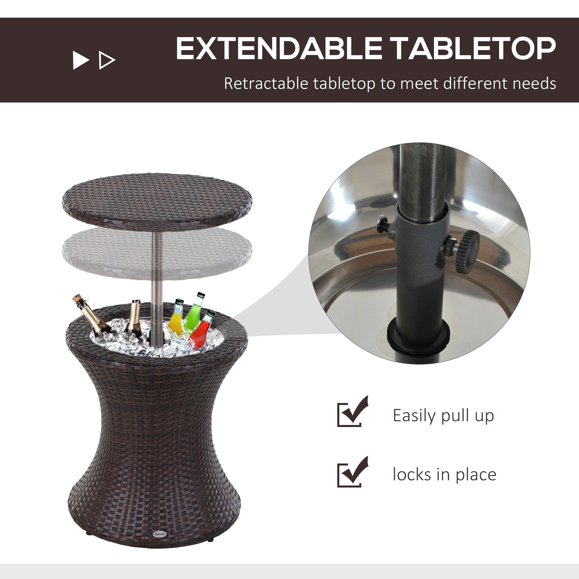 Outsunny PE Rattan Ice Bucket Table, Height Adjustable Liftable Outdoor Drinks Cooler, 52 cm Round Garden Beer Cocktail Table with Lid for Bar, Patio, Terrace, Brown 