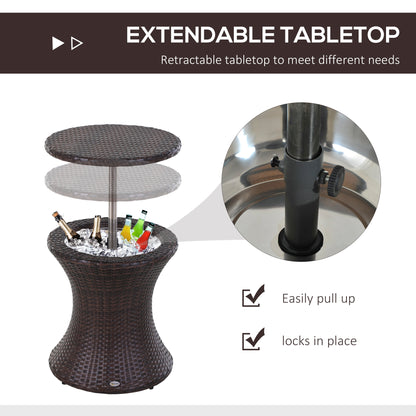 Outsunny PE Rattan Ice Bucket Table, Height Adjustable Liftable Outdoor Drinks Cooler, 52 cm Round Garden Beer Cocktail Table with Lid for Bar, Patio, Terrace, Brown 
