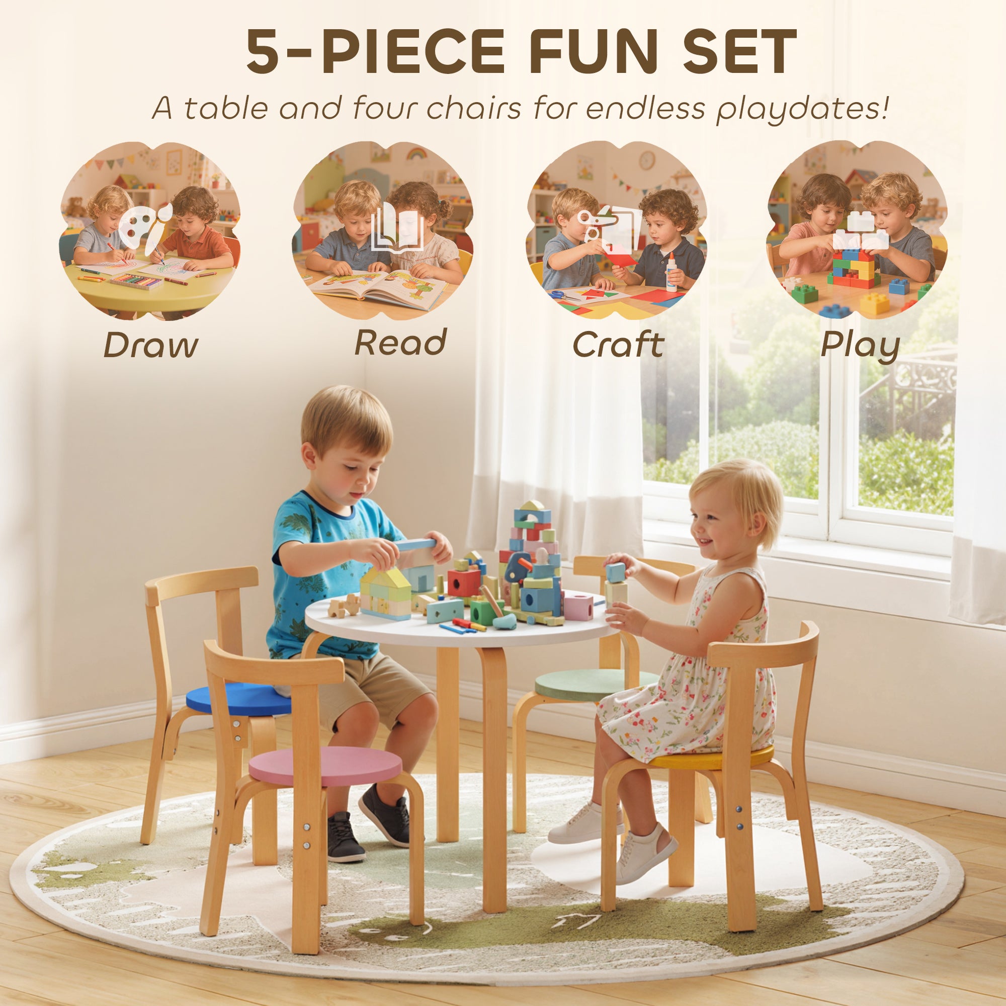 AIYAPLAY 5 Piece Kids Table and Chairs Set, Wooden Toddler Table and Chairs Set for Nursery, Playroom, Classroom, for 3-8 Years 