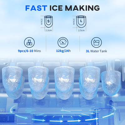 HOMCOM Ice Maker Machine and Water Dispenser, Counter Top Ice Cube Maker for Home with 3L Tank, Adjustable Cube Size, 9 Ice Cubes per 6-10 Minutes, No Plumbing Required, Silver 