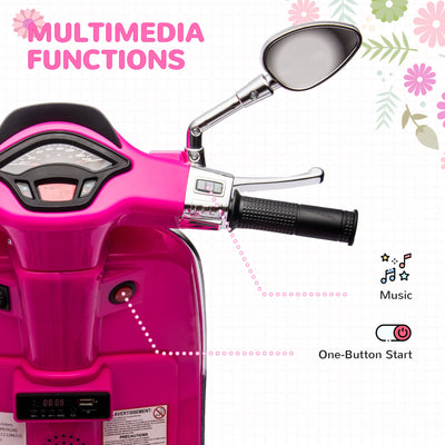 AIYAPLAY 12V Vespa Licensed Kids Electric Motorbike w/ Music, Headlights, FM Radio, for 3-6 Years - Pink 