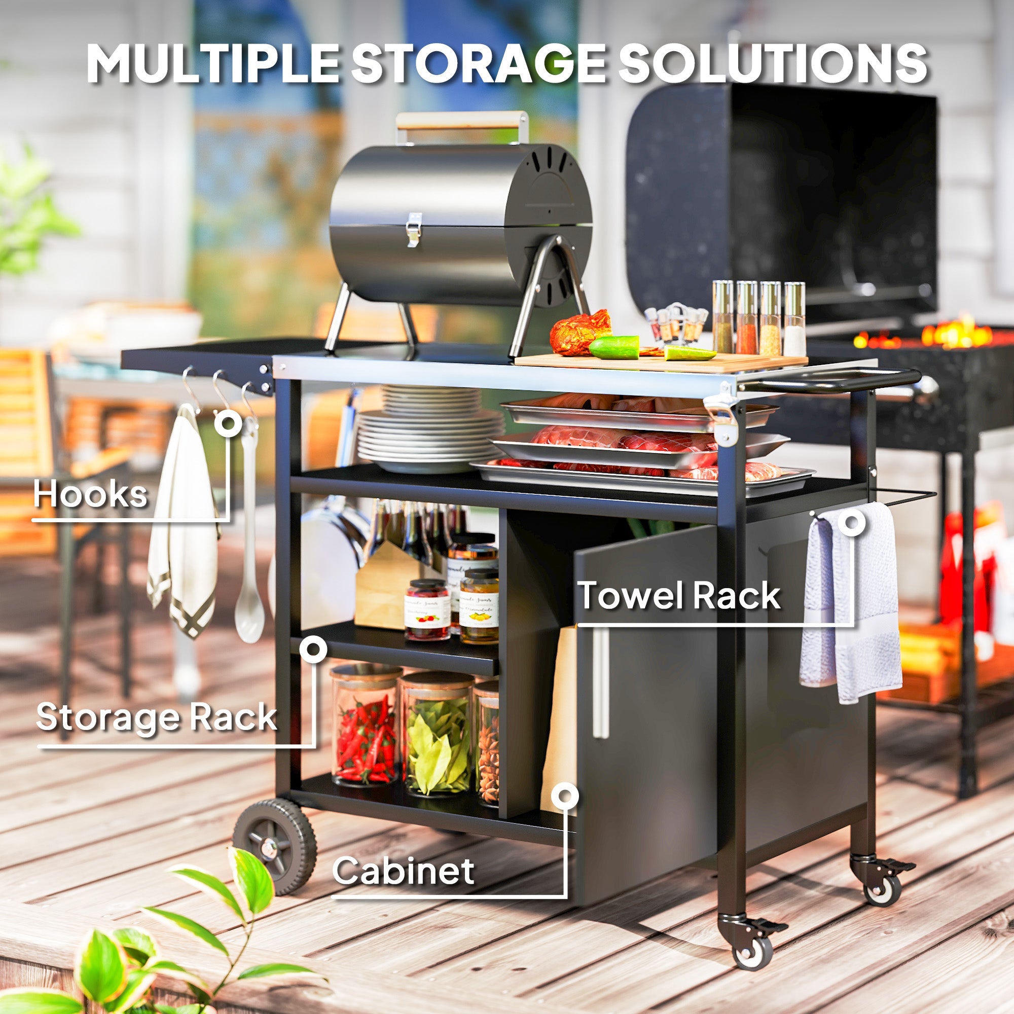 Outsunny Outdoor BBQ Trolley with Foldable Side Table, Stainless Steel Top, Outdoor Kitchen with Wheels Hooks Shelves Cabinet, Pizza Oven Table Movable Outdoor Grill Dining Cart with Cover, Black 