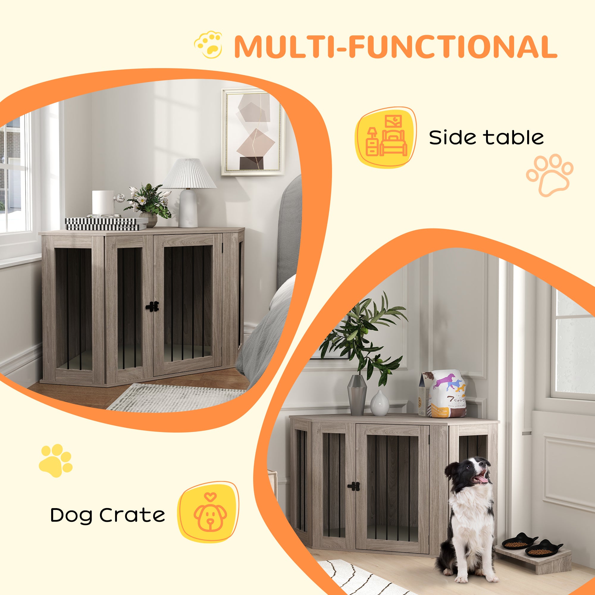 PawHut 2 in 1 Dog Crate Furniture Side Table, with Cushion, 122 x 61 x 71cm - Walnut Brown 