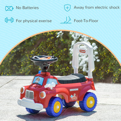 AIYAPLAY Ride On Fire Truck Foot to Floor Design with Under Seat Storage, Steering Wheel, Music, Light, for 1.5-3 Years, Red 