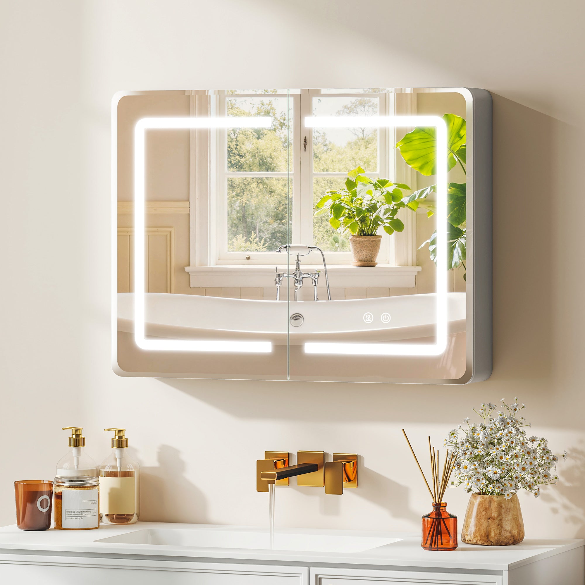 HOMCOM Mirrored Bathroom Cabinet with LED Lights, 60 x 80 cm Bathroom Mirror Cabinet with Anti-Fog, 3 Colour Dimmable Lighting 